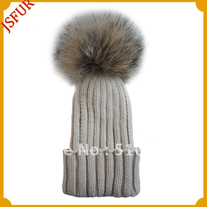 Free Shipping Pure wool kniiting hat for winter, with 12cm natural raccoon fur pom poms