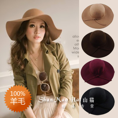 free shipping, Pure woolen vintage fedoras big hat, along millinery british style autumn and winter hat,