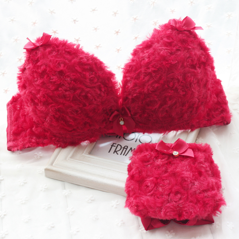 free shipping push up Teddy plush pink autumn and winter furry princess push up bra set Wine red for women