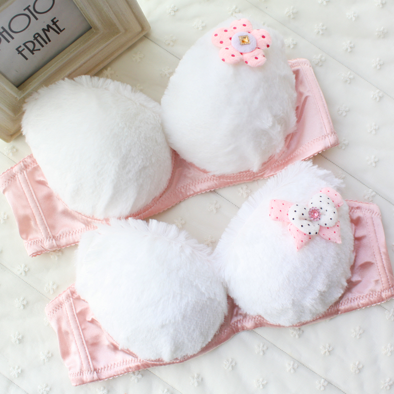 free shipping push up Teddy plush white solid color autumn and winter furry princess push up bra set for women
