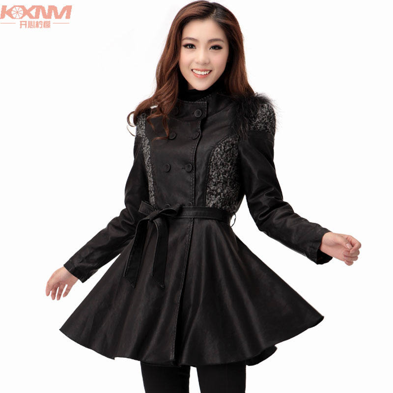 Free shipping QA Lemon patchwork PU women's slim thickening leather clothing outerwear plus size raccoon fur