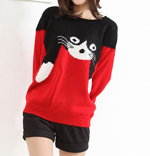 FREE SHIPPING! Quality goods!2012 new fashion women's cute cartoon cat Pullovers sweater .free size.red  white color