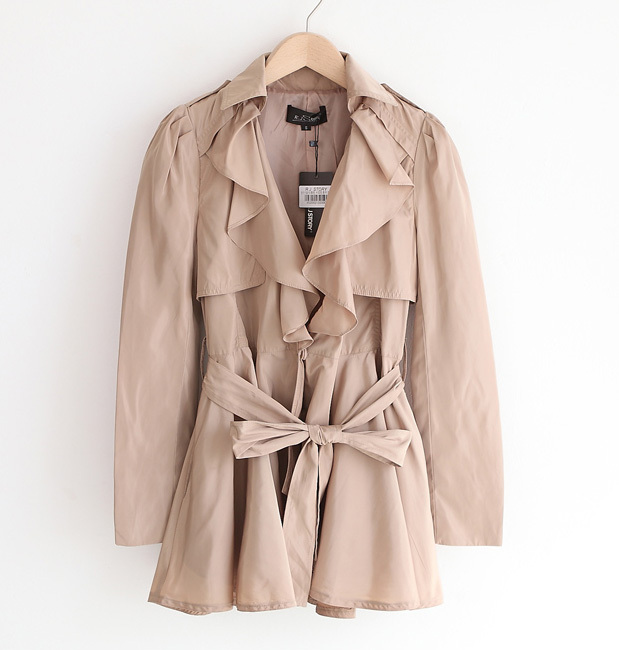 Free shipping, R 0213 autumn small british style solid color turn-down collar ruffle princess trench 420g 17A