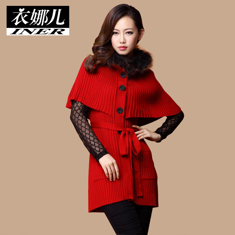 Free shipping Raccoon fur sleeveless poncho sweater female thick yarn thick fashion red