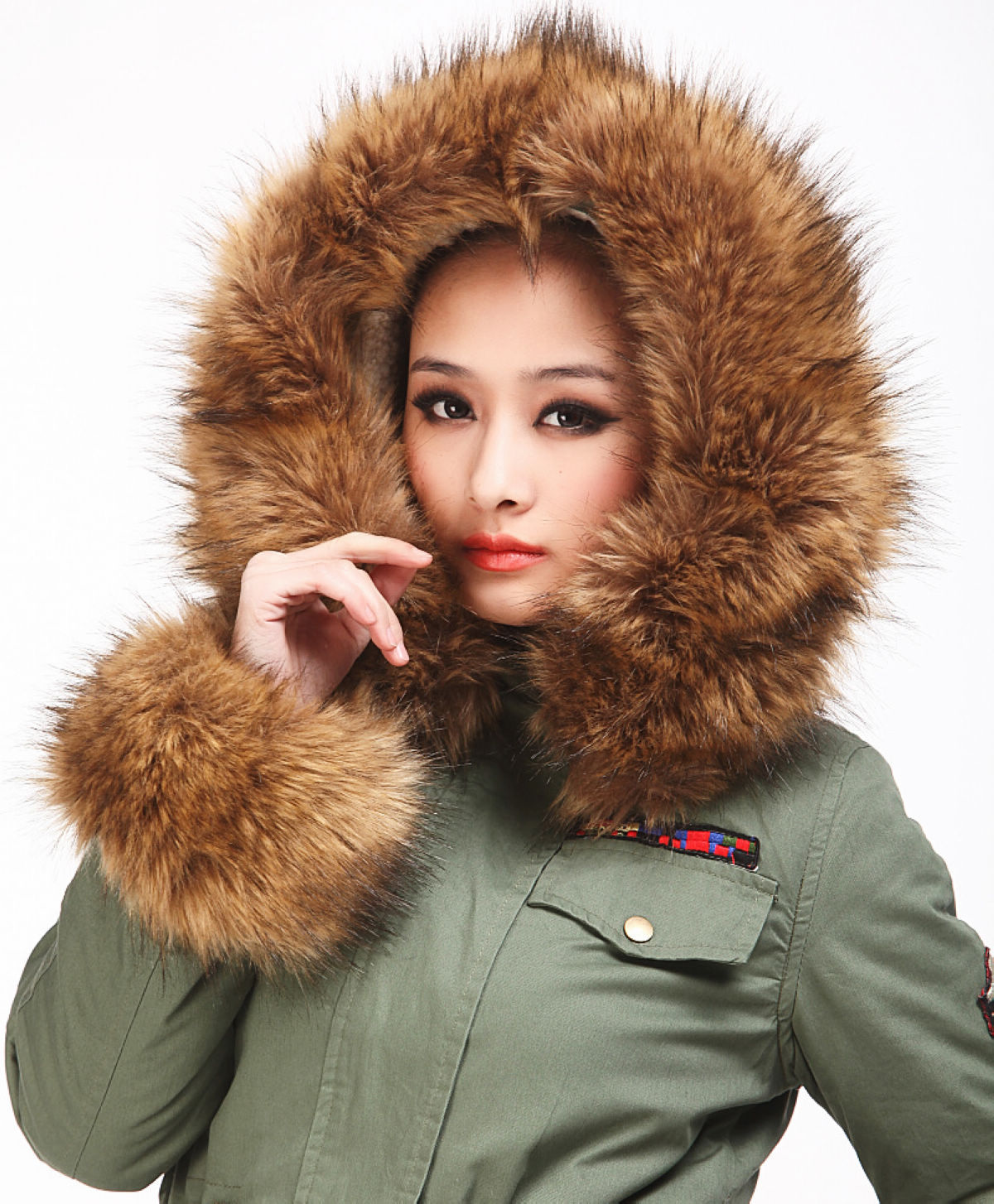 free shipping! Raccoon fur wadded jacket cotton-padded jacket Army Green medium-long berber fleece cotton overcoat