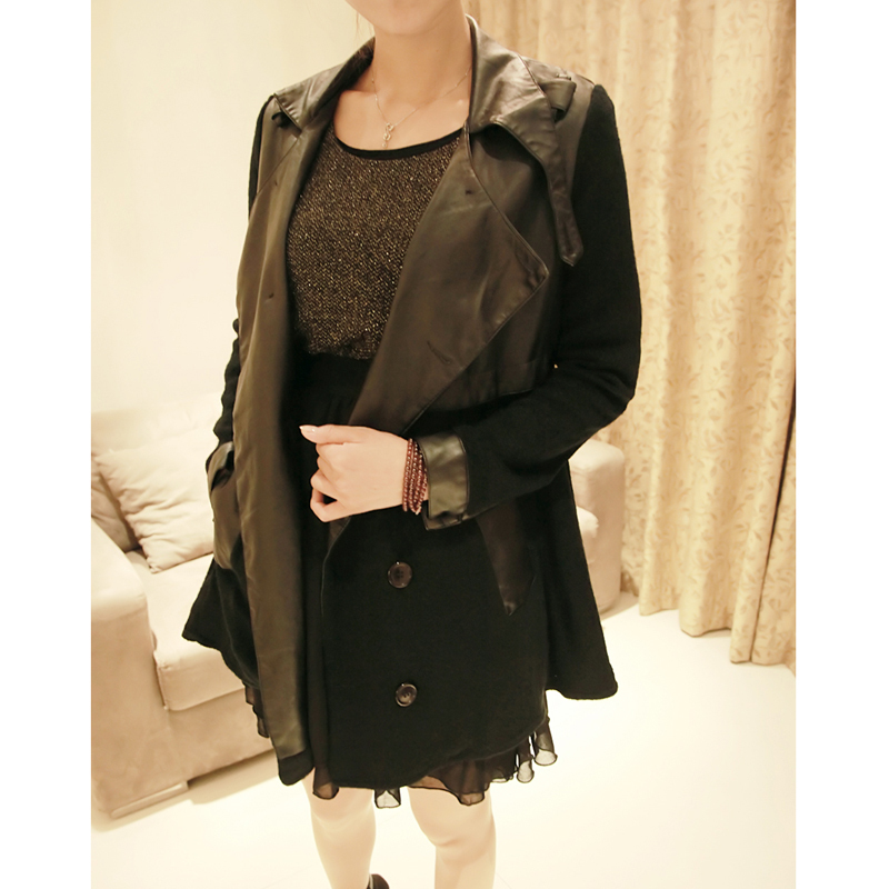 Free Shipping Radish small mouse autumn large lapel patchwork knitted sleeve  trench w912 Outerwear