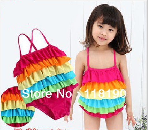Free shipping rainbow cake layer conjoined children swimwear one pieces swimsuit baby girl's bikini 5pcs/lot KY088