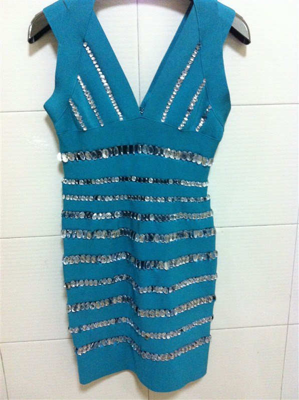 Free Shipping Rayon Knitted Bandage Dress, J100 Beaded Blue Ladies Sleeveless Celebrity Dress