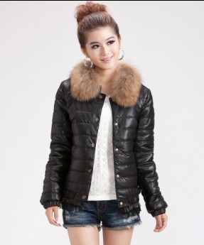 FREE SHIPPING  Real Fur  PU leather collar small short cotton-padded women's  jacket
