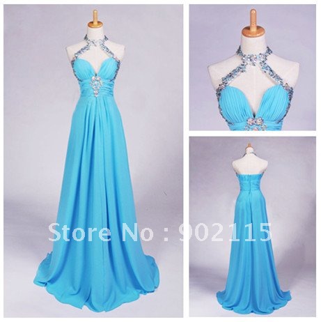 Free Shipping Real Sample A-line Full Length Blue Chiffon Sexy Evening Dress Long