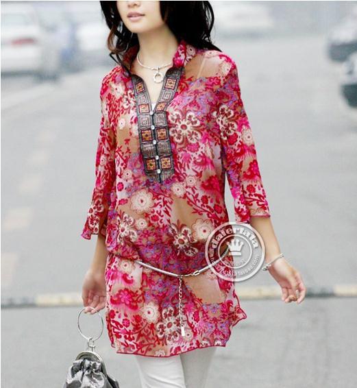 Free shipping Red/Blue.Size:M,L,XL,XXL,3XL,4XL.Summer suit V-neck Floral women's chiffon print fashion dress plus size dress