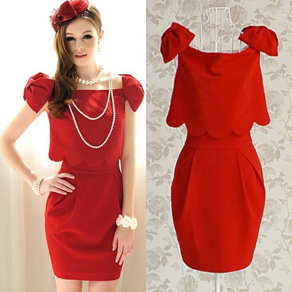Free shipping red bow sleeveless strap petal edges slash neck women slim bud OL sexy dress new fashion 2013