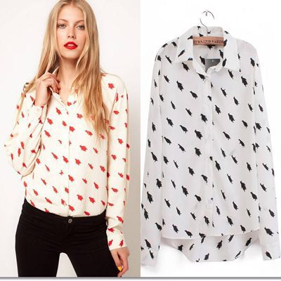 Free shipping red penguin print full sleeve ladies casual slim cottom blouses shirts 2013 design hot selling