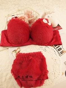 Free shipping Red . plush women underwear 3 breasted bra set push up sexy shaggier underwear set A B