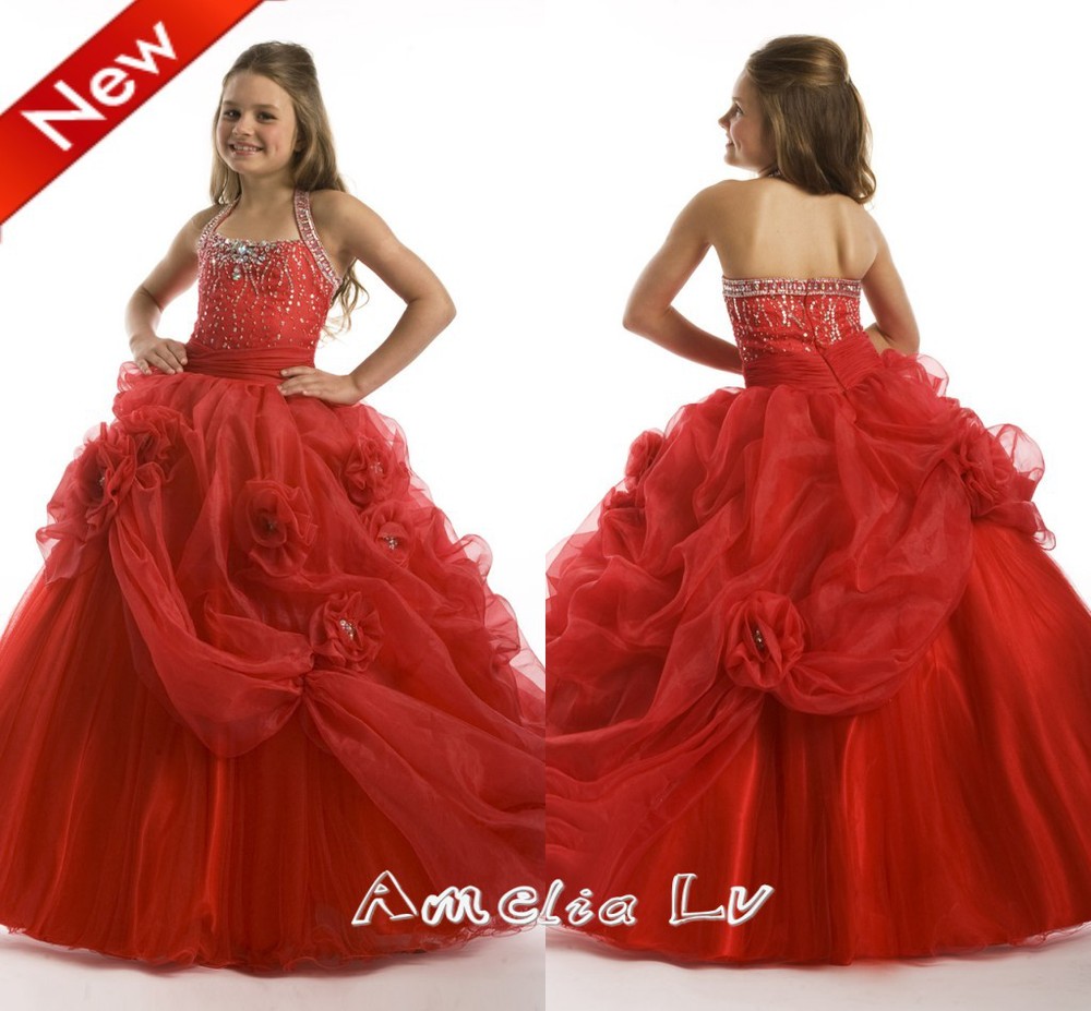 Free Shipping Red Princess Ball Gown Beaded Halter With Handmade Flowers Organza Flower Girl Dress Girl Pageant Dress