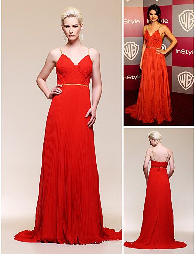 Free Shipping  Red Sleeveless Chiffon  A line Floor Length Sapghetti Straps Selena Gomez Clelebrity Dresses New Fashion 2012