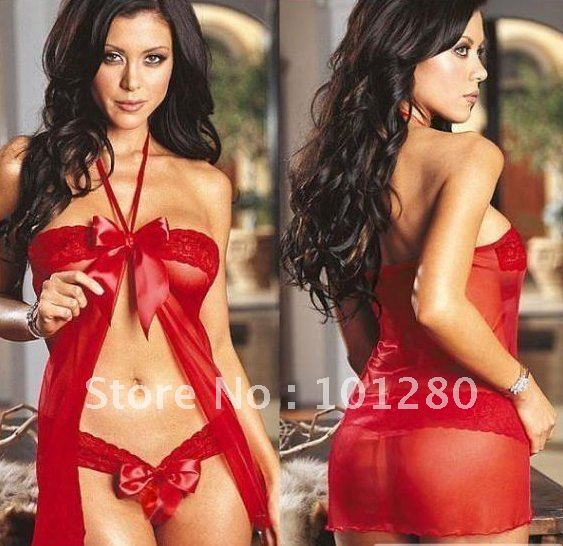 free shipping Red transparent voile short cutout t sexy sleep set