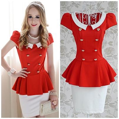 Free shipping red white patchwork double breasted pleated ruffles ladies slim sheath short sleeve mini dress new fashion 2013