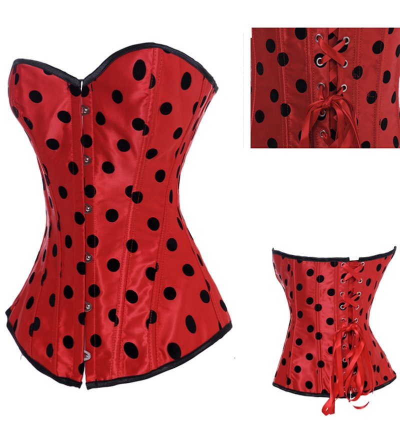 Free shipping Red  with Black dots lace up boned corset busiter underwear+G-string S-2XL