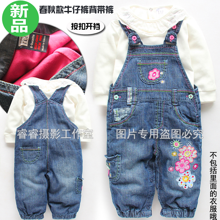 Free shipping retail 2013 new Spring autumn baby clothing girls overalls baby denim casual pants kids thermal jeans jumpsuit