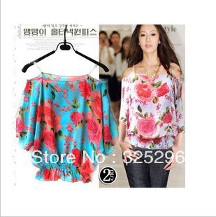 Free shipping retail 2013 New Women spring and summer sweet flowers ladies diamond shoulder strap Slash neck chiffon shirt dq083