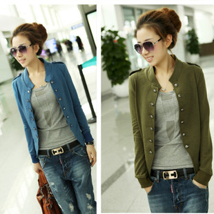 Free shipping Retail 9020 autumn women's solid color stand collar epaulette double breasted short jacket 3