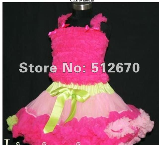 Free shipping ! Retail Girl's cute hot pink ruffled camisole with pink petti fluffy skirt