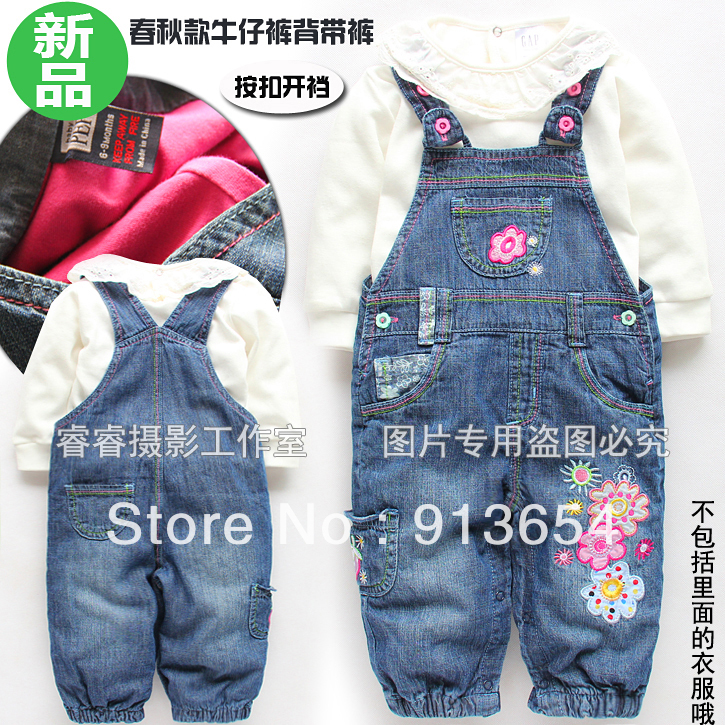 Free shipping Retail new 2013 Spring autumn baby clothing kids bib pants baby girl thermal jeans children embroidery trousers