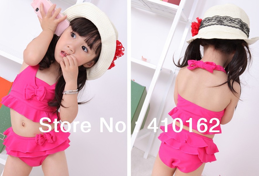 Free shipping Retail or wholesale 2013 new Summer Children's swim wear classic Rose red bow children split swimsuit Two Pieces