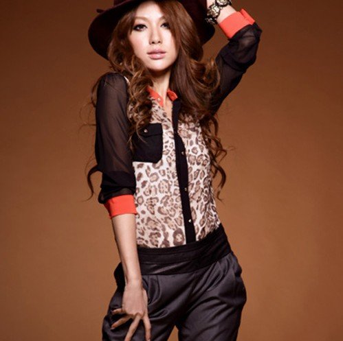 free shipping Retail spring summer sweety slim print Leopard chiffon long sleeve black women's Casual shirt E118291