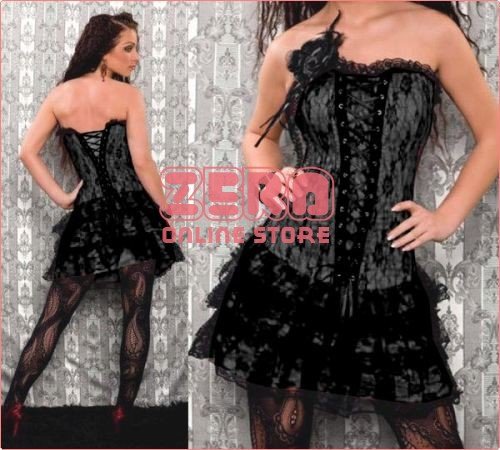 Free shipping! Retail & Wholesale Satin Corset Personal Styling Dress With Mini Skirt Bustier + G-String + Brooch #2176