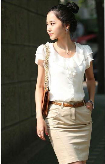 Free Shipping Retail Wholesale Womens Ladies Short sleeve ruffles chiffon white Casual  Shirts blouses tops