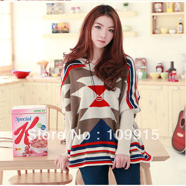 Free Shipping Retro Ethnic Customs Womens Geometric V-neck Loose Tops Knits Over Size Sweater 2012 HR445