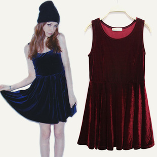 Free Shipping Retro gold velvet pleated waist skirt sleeveless vest skirt bottoming skirt dress