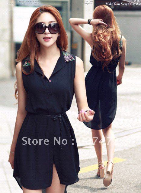 Free shipping Retro hit color long section of the sleeveless shirt dress 4666 blouses for women 2012