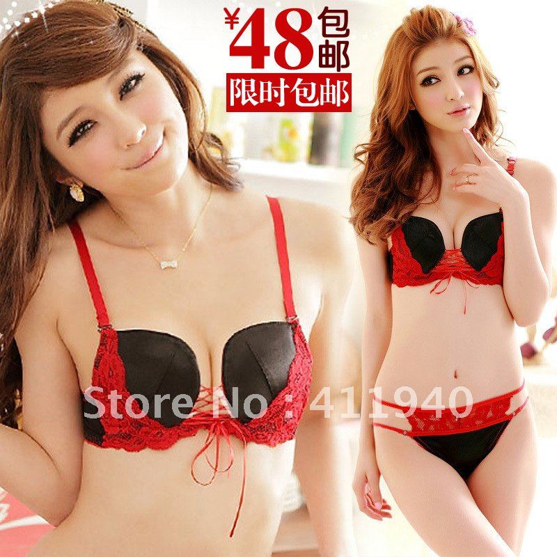 Free shipping, Retro hit color sexy lace Super gather deep V bra underwear sets underpants