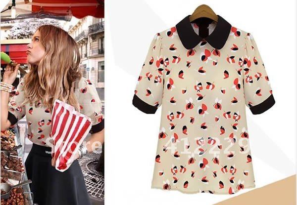 Free shipping retro   peter pan collar   vintage        short sleeve print casual women chiffon blouse shirt new fashion 2012