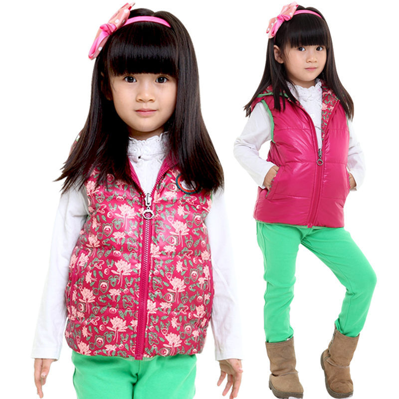 Free Shipping Reversible female child down vest 90 top white duck down