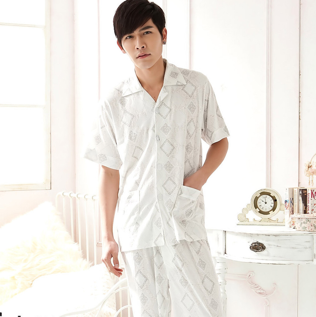 free shipping Rhombus square grid quality male sleepwear 2 piece set summer short-sleeve 100% cotton lounge dropshipping