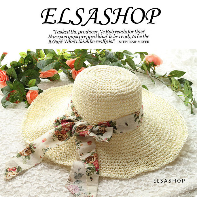 Free Shipping Ribbon straw hat summer beach large brim hat female cutout rustic bandeaus folding sun hat