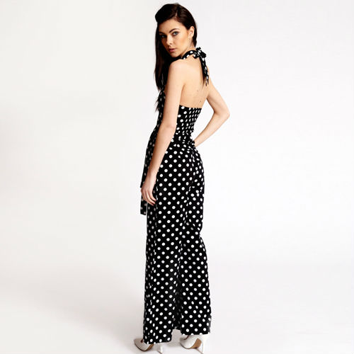 Free shipping richcoco wave point deep v-neck backless bow tie sleeveless chiffon  jumpsuit