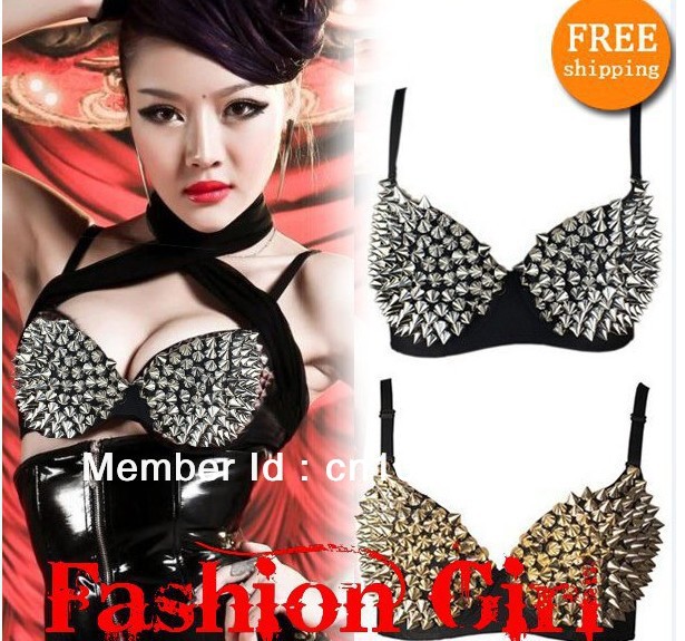 Free shipping Rivet Bra Women Party Disco All-over Spike Stud Sexy Design Bra Metallic Punk Dance Lady gaga Bra Gloden/Sliver