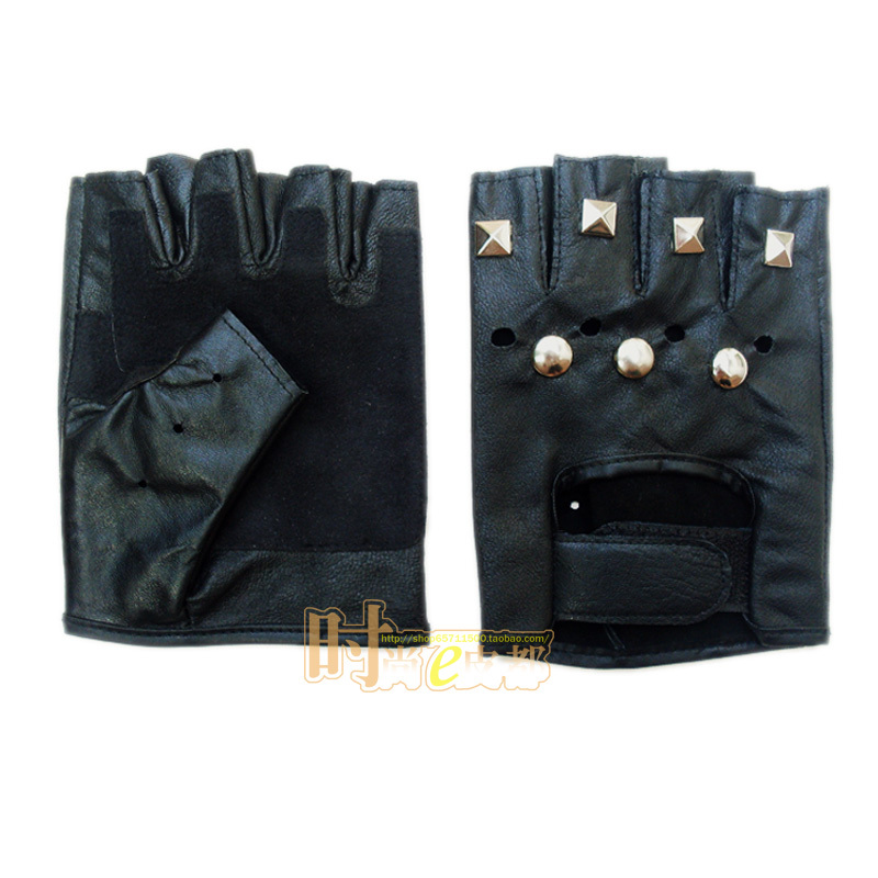 free shipping : Rivet gloves male fitness ride outdoor gloves genuine leather hip-hop semi-finger male gloves