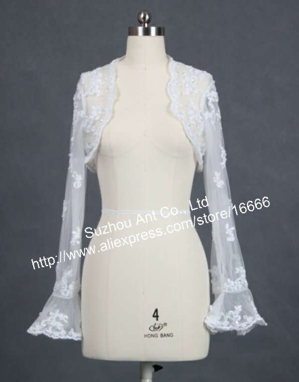 Free Shipping RJ019 Wedding Bridal with Bead Tull Lace Jacket Long Sleeve
