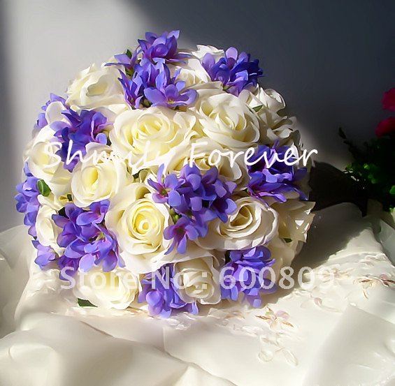 Free Shipping! Romanit Ivory+Purple/Pink Silk Handmade Wedding Bouquet/Flower Girl Bouquet/Bridesmaid Bouquets