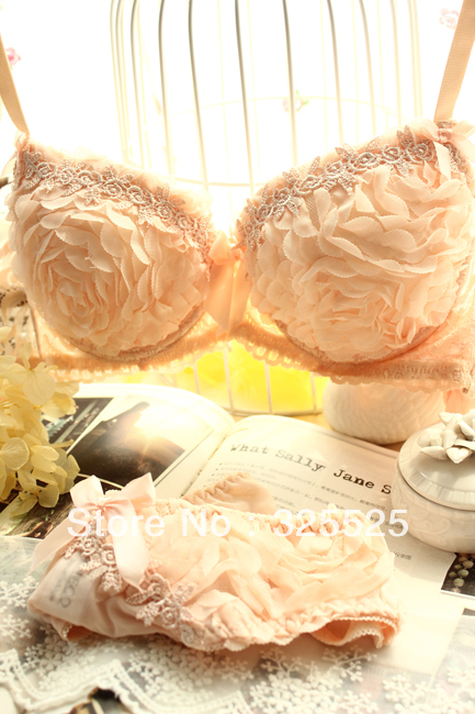 free shipping Romantic petals lace 3 breasted side gathering floral sexy push up adjustable women's bra set