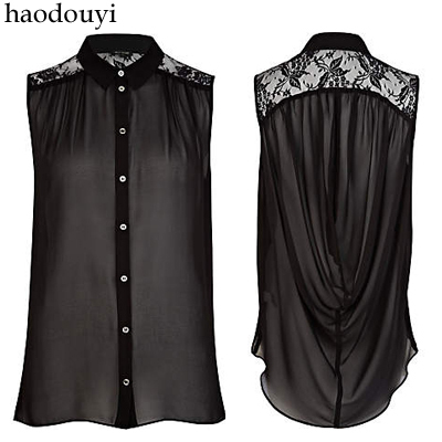 Free Shipping Romantic pleated lace patchwork sleeveless shirt back pleated black 6 full