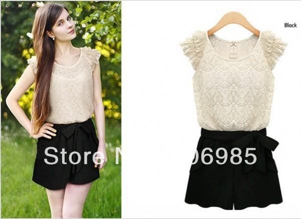 free shipping Rompers lace openwork stitching collision color ladies Siamese culottes summer women dress