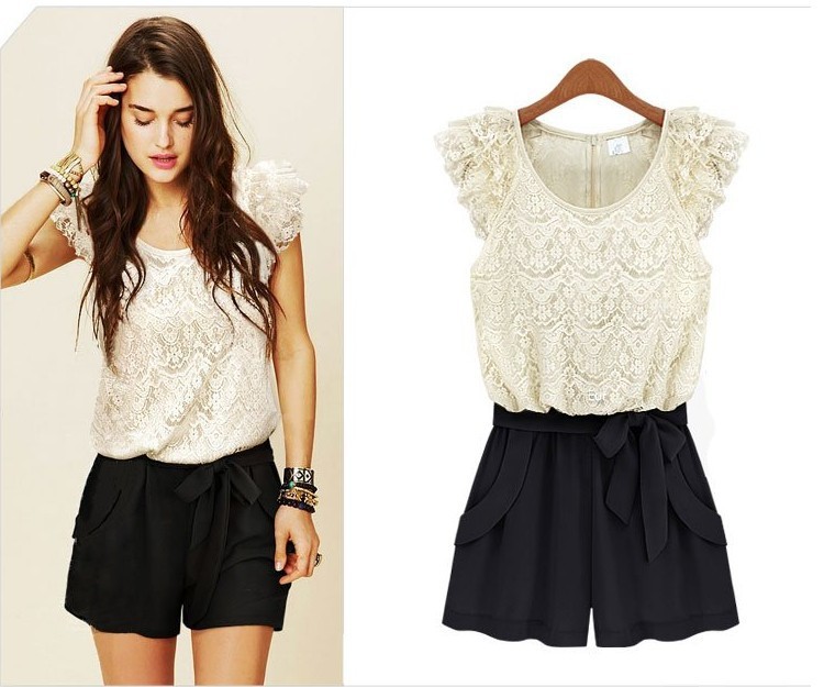 free shipping Rompers lace openwork stitching collision color ladies Siamese culottes summer women dress Z485  retail /wholesale