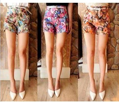 Free Shipping Rose flowers, high waist shorts shorts send the belt  D95-524-35-239